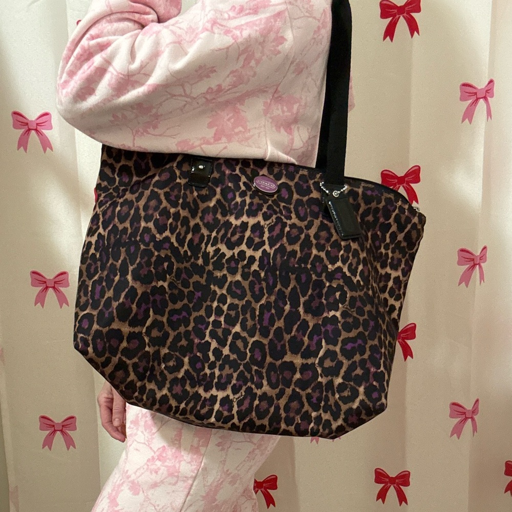 Coach purple and Leopard Print Tote Bag with removable pouch